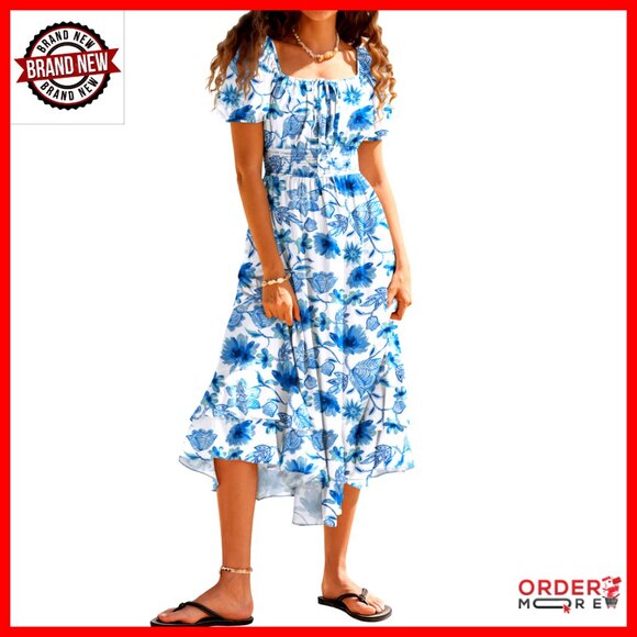 Dresses & Skirts - Boho Floral Maxi Dress Square Neck Puff Sleeve Smocked Back A-Line Summer